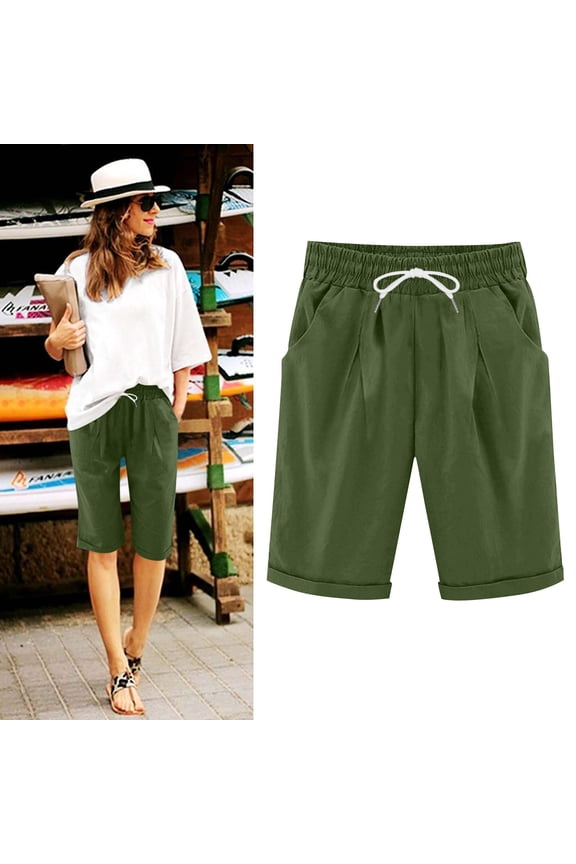 Womens Shorts Breathable Linen Fashion Sporty Casual Drawstring with Pockets Army Green Shorts