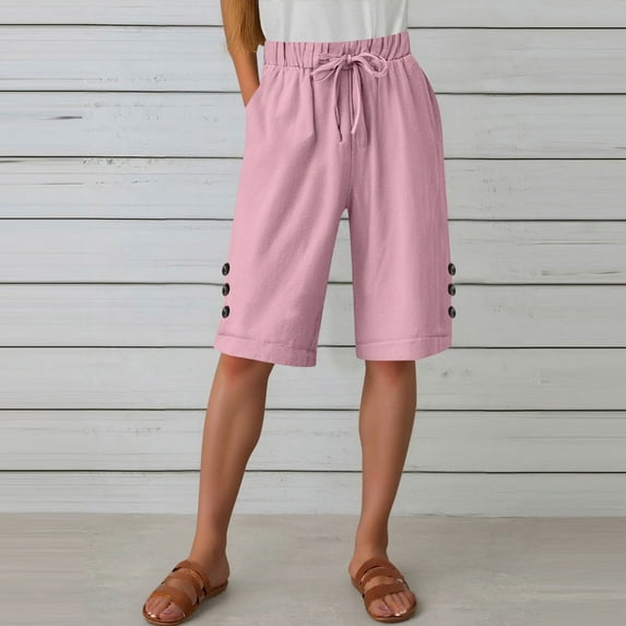 Juslio Womens Shorts Drawstring Loose Comfy Cotton Linen Solid Casual Pockets Ladies Shorts