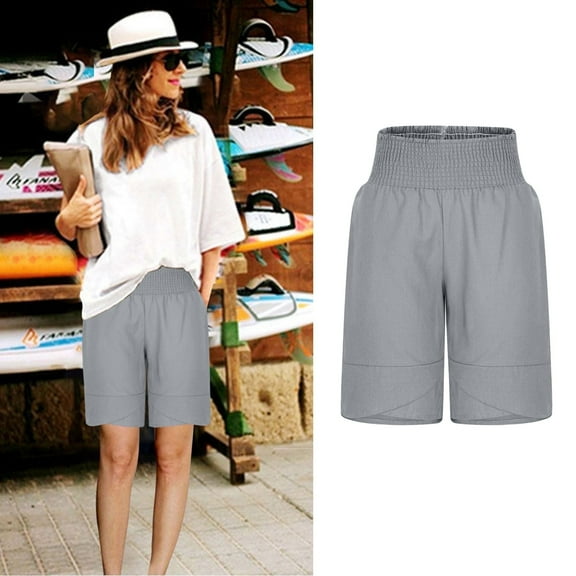 Juslio Womens Shorts Elastic Waist Pockets Loose Comfy Cotton Linen Solid Casual Ladies Shorts