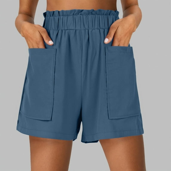 Juslio Womens Shorts High Waist Loose Comfy Cotton Linen Solid Casual Pockets Ladies Shorts
