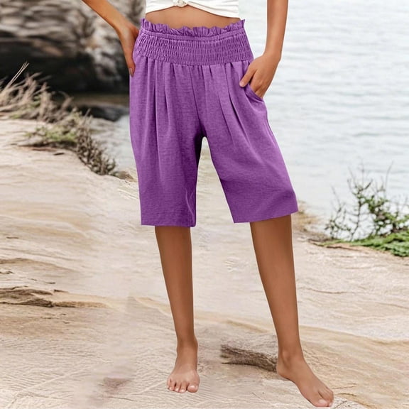 Juslio Womens Shorts High Waist Pockets Loose Comfy Cotton Linen Solid Casual Ladies Shorts