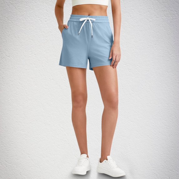 Juslio Womens Shorts Sporty Ribbed Breathable, Solid Fashion Drawstring with Pockets Light Blue Shorts