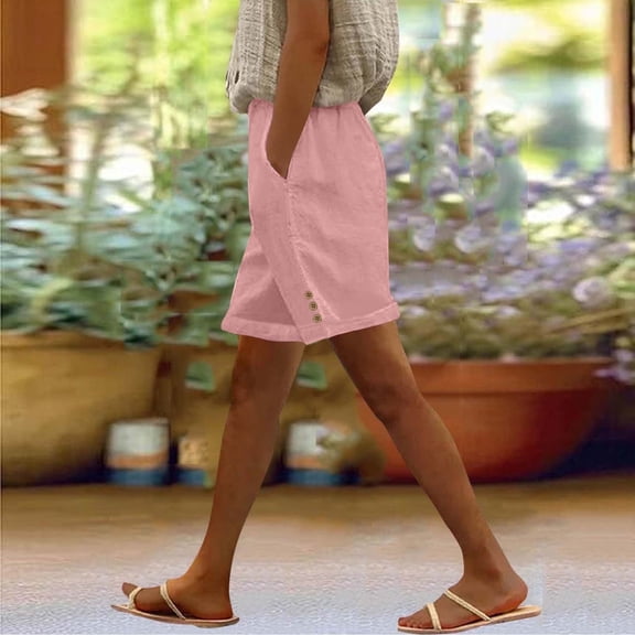 Juslio Womens Shorts Straight Leg Pockets Loose Comfy Cotton Linen Buttons Casual Ladies Shorts
