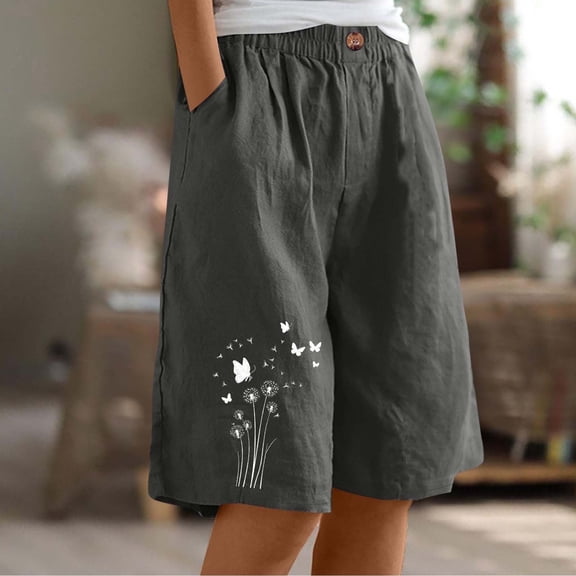 Juslio Womens Shorts Straight Leg Print Casual Pockets Loose Comfy Cotton Linen Ladies Shorts