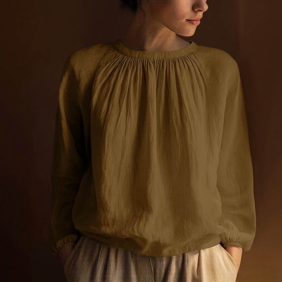 Juslio Womens Solid Color Long Sleeve Shirts Crew Neck Loose Comfortable Khaki Ruched Tops