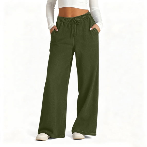 Juslio Womens Stretchy Wide Leg Faux Jeans Casual High Waist Pocket Army Green Jeans