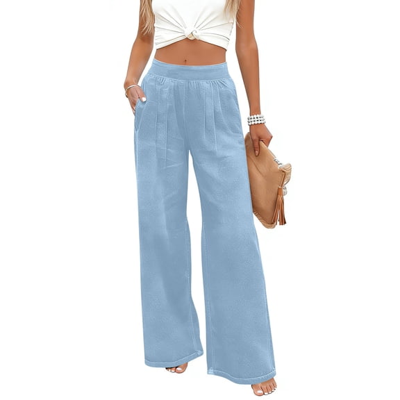 Juslio Womens Stretchy Wide Leg Faux Jeans Casual High Waist Pocket Light Blue Jeans Pants