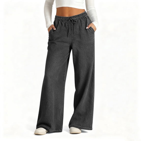 Juslio Womens Stretchy Wide Leg Faux Jeans Pocket Plus Size High Waist Dark Gray Jeans
