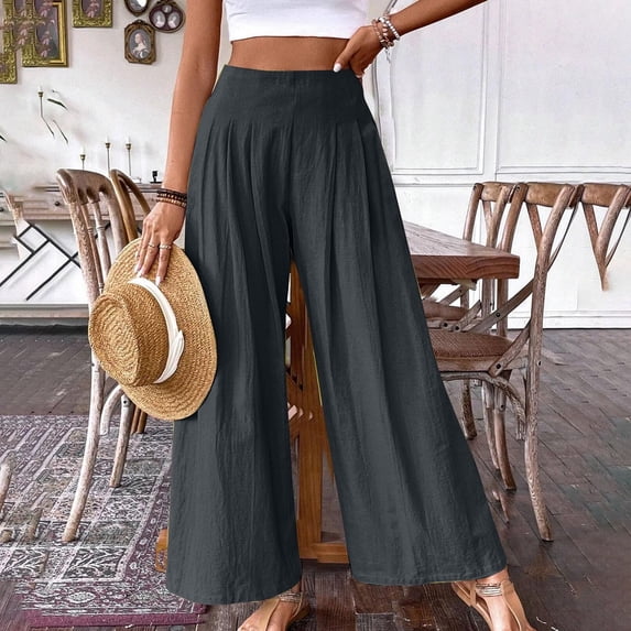 Juslio Womens Sweat Pants Elastic Waist Side Opening Linen High,Waist Casual Wide Leg Pants S