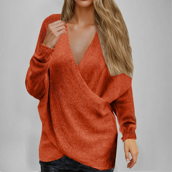 Juslio Womens Sweaters Pullovers Tops for Women Solid V Neck Long Sleeve Knit Orange