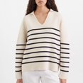 thumbnail image 1 of Juslio Womens Sweaters Pullovers Tops for Women Striped V Neck Long Sleeve Knit Beige, 1 of 4
