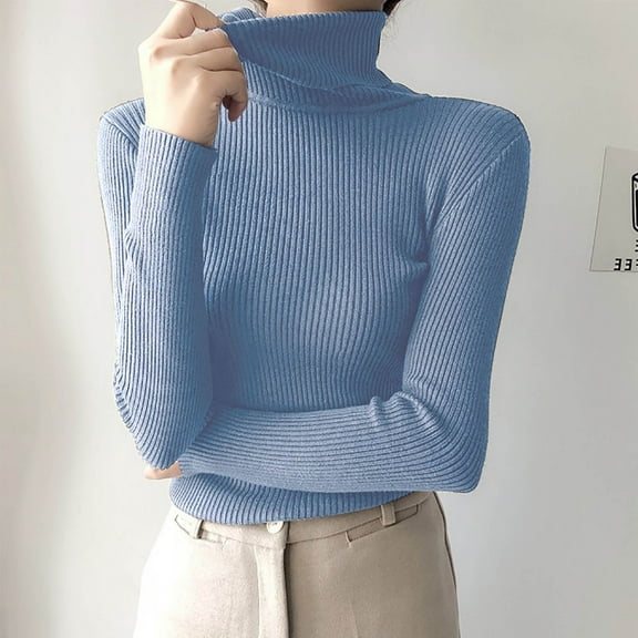 Juslio Womens Sweaters Pullovers Turtlenecks Solid High Neck Long Sleeve Knit Light Blue