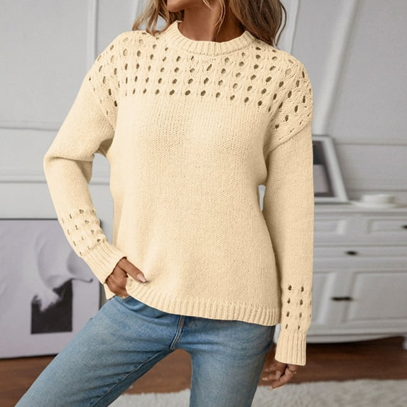 Juslio Womens Sweaters Pullovers Women Tops Solid Crew Neck Long Sleeve Fashion Beige