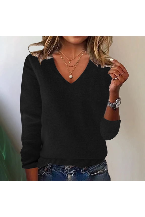 Womens Sweaters Pullovers Women Tops Solid V Neck Long Sleeve Knit Black