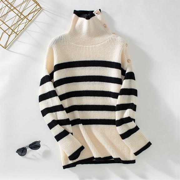 Juslio Womens Sweaters Pullovers Women Tops Striped Crew Neck Long Sleeve Knit Beige
