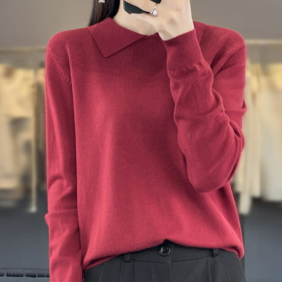 Juslio Womens Sweaters Pullovers Womens Tops Solid Peak lapel Long Sleeve Knit Wine