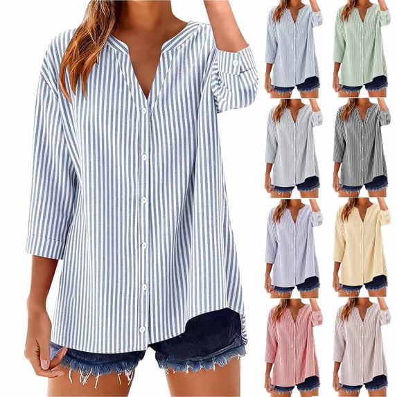Juslio Womens V Neck Button Tops Striped Loose Comfortable Blue 3/4 Sleeve Shirts