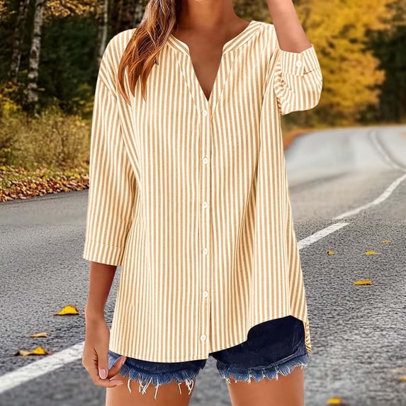 Juslio Womens V Neck Button Tops Striped Loose Comfortable Yellow 3/4 Sleeve Shirts