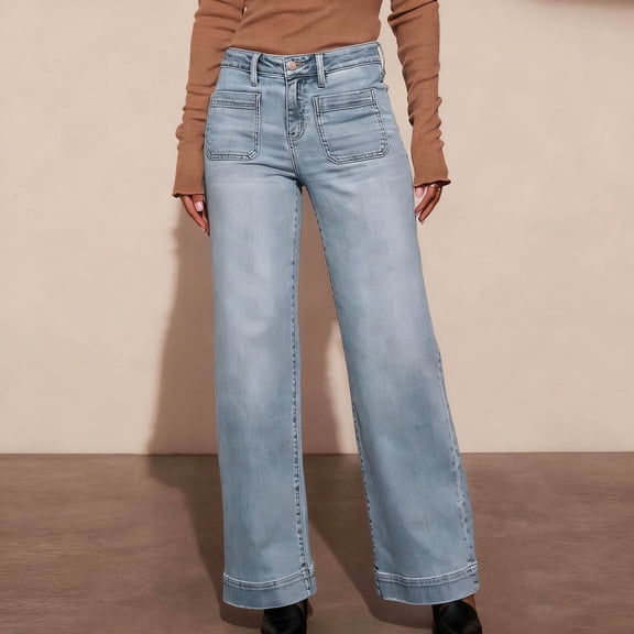 Juslio Womens Vintage Straight Jeans High Waist Pocket Casual Light Blue Jeans