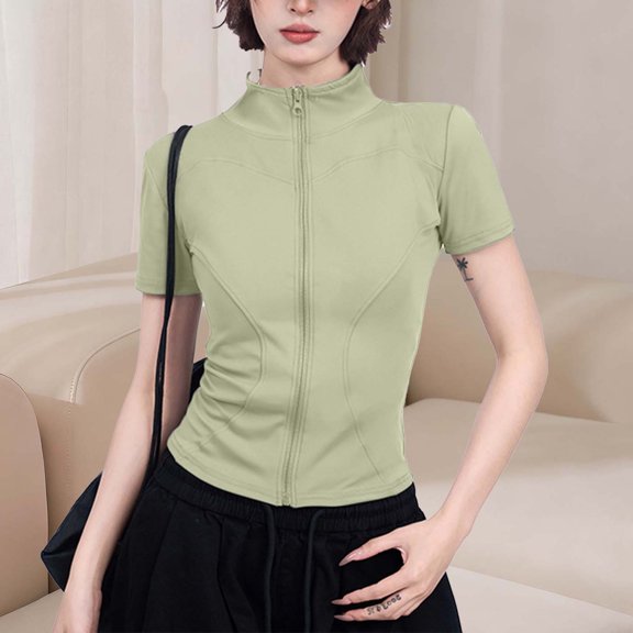 Juslio Zipper Womens Blouses Yoga Clothes Dry-Fit Slim Crew Neck Shirts Tops S