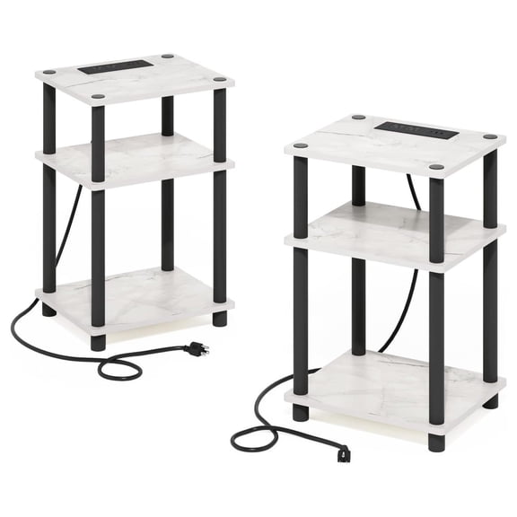 Just 3-Tier Turn-N-Tube USB and Type-C Charging Port End Table with Open Storage, 13.4 x 11.4 in. Poles, 2-Pack, Marble White/Black