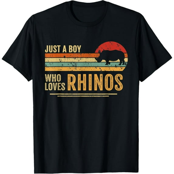 Just A Boy Who Loves Rhinos Retro Funny Chubby Rhinos T-Shirt men and women can wear, black, white, gifts