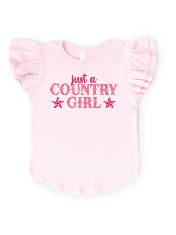 Just A Country Girl Stars Glitter/Puff Print - Flutter Sleeve Graphic T-Shirt