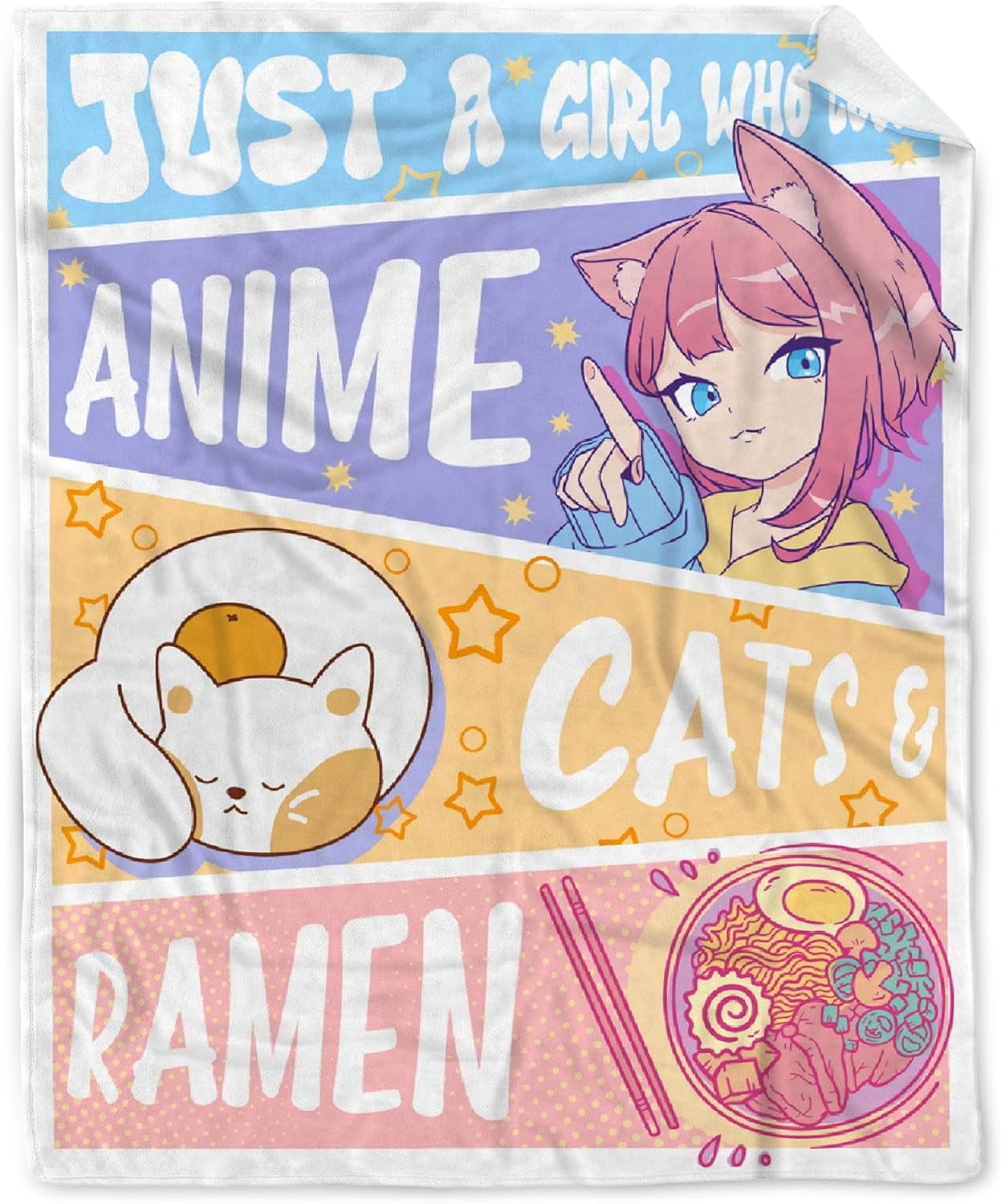 Just A Girl Anime Blanket Gifts for Girls - Kawaii Decor, Cats & Ramen Flannel Blanket, Luxurious & Cozy, 60x80 Inch