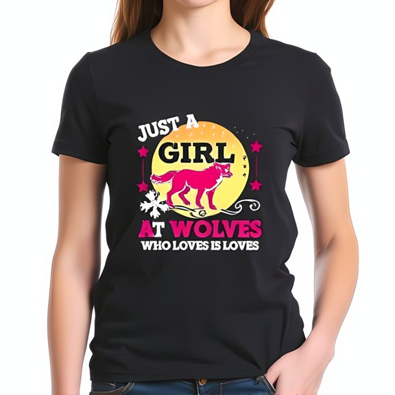 Just A Girl At Wolves Cotton Short Sleeve T-Shirt - Playful Wolf Graphic with Yellow Moon & Stars Fun Tee for Nature Lovers