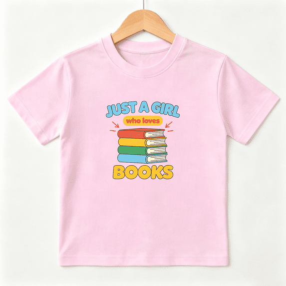 Just A Girl Books Girls Graphic Tee, Cute School Library Nerd 100% Cotton Kids Short Sleeve T-Shirt