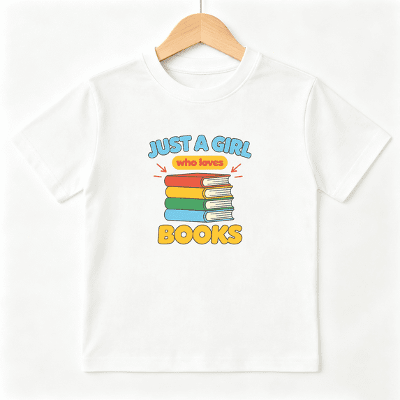 Just A Girl Books Girls Graphic Tee, Cute School Library Nerd 100% Cotton Kids Short Sleeve T-Shirt