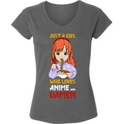 DREAMTEES Just A Girl Who Loves Anime And Ramen V-neck T-Shirt for Women - S M L XL 2XL Graphic Tee - Funny Anime Clothes Gift Womens