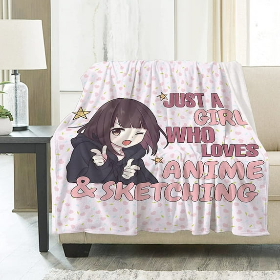 Just A Girl Who Loves Anime & Sketching Blanket Throw, The Best Daugther Girl''s Birthday Gift, Flannel Fleece Micro Lightweight Soft Cozy Blanket for All Season in Home Bed Sofa Chairs Dorm 50"x40"