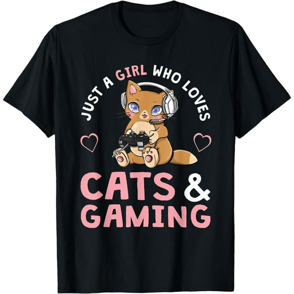 Just A Girl Who Loves Cats And Gaming Cute Gamer Softstyle Unisex T-Shirt,Black Color,Size 3XL