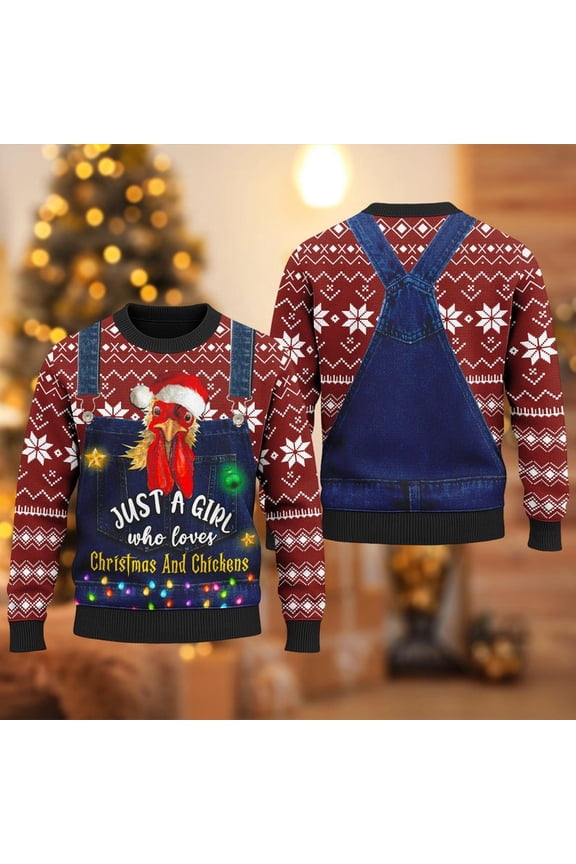 Just A Girl Who Loves Christmas And Chickens Farmer 3D Christmas Sweater, Farming Rooster Xmas Sweatshirt, Christmas Gift For Men Women