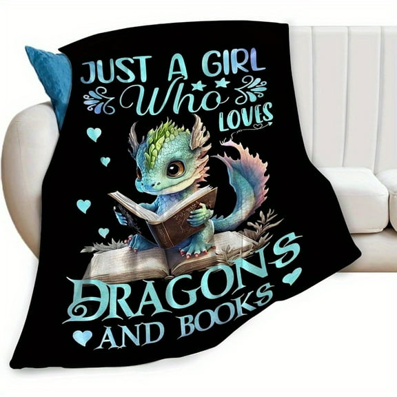 "Just A Girl Who Loves Dragons and Books Throw Blanket Soft Fleece Flannel Plush Fantasy Dragon Reading Design Warm Cozy Blanket for Bed Sofa Couch