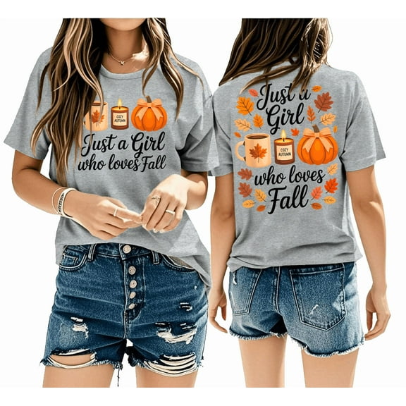 Just A Girl Who Loves Fall Shirt Pumpkin Cozy Autumn Vneck T-Shirt Funny Women Graphic Tee