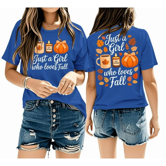 Just A Girl Who Loves Fall Shirt Pumpkin Cozy Autumn Vneck T-Shirt Funny Women Graphic Tee