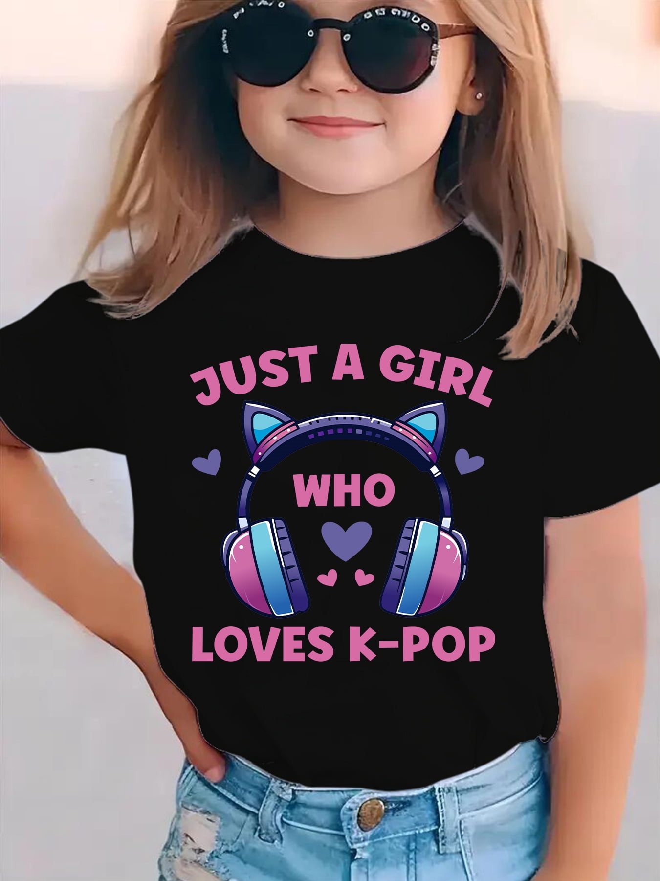 Just A Girl Who Loves Kpop Cat Headphones Graphic Tee For Kids Girls ...