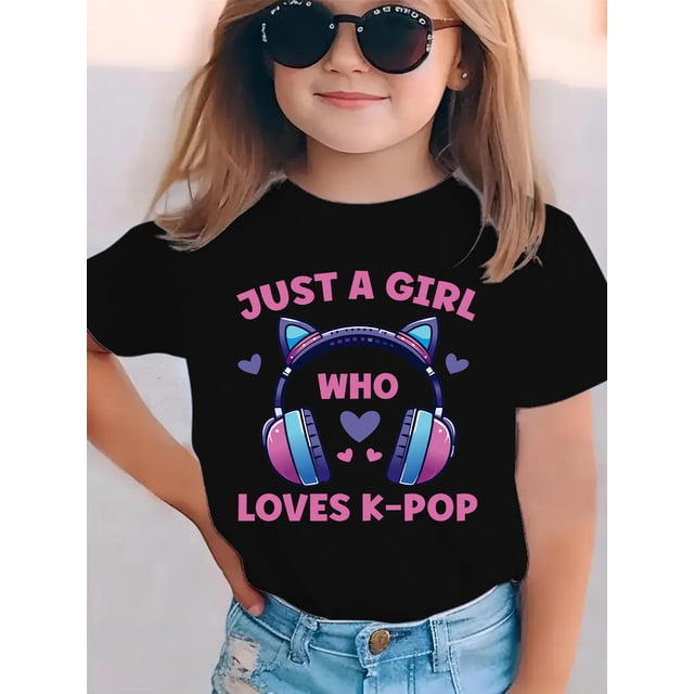 Just A Girl Who Loves Kpop Cat Headphones Graphic Tee For Kids Girls ...