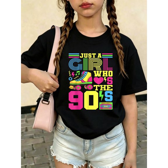 Just A Girl Who Loves The 90s Party 90s Outfit 1990s Costume Kids T-Shirt Kids Graphic Tee Soft Cotton Short Sleeve Casual Shirt