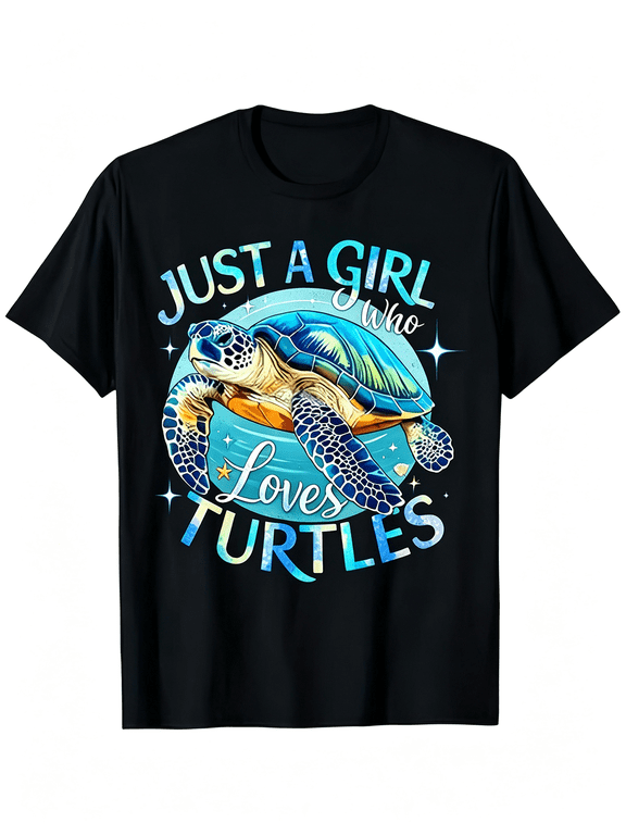 Just A Girl Who Loves Turtles Cute Blue Sea Turtle Beach Ocean Graphic T-Shirt, Animal Lover Summer Vacation Casual Tee For Girls & Women