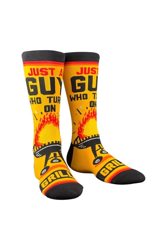 Just A Guy Who Turns On Grills Socks Funny Sarcastic Cookout Graphic Novelty Footwear For Men