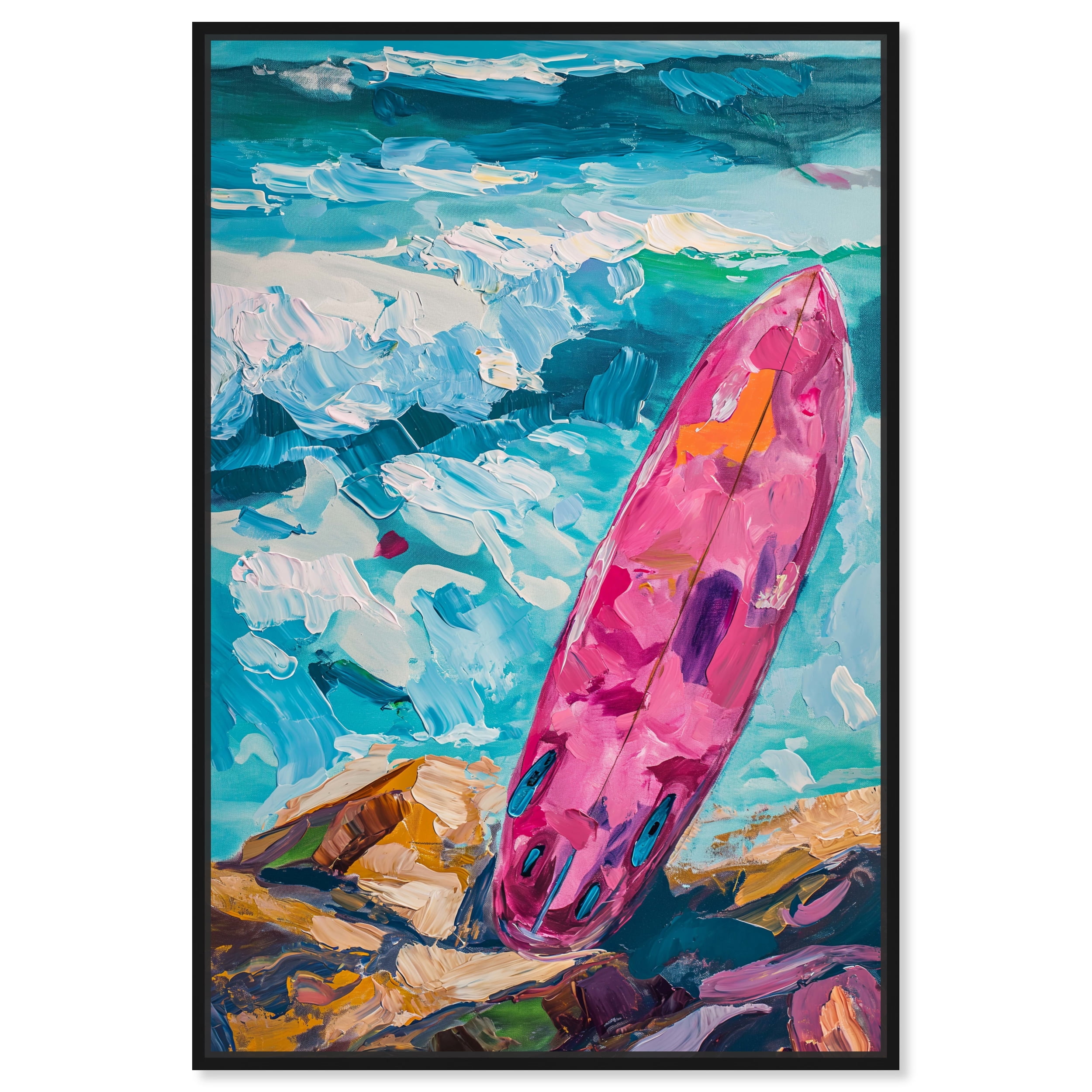 Colorful Coastal Wave Print on Canvas with Black Frame, 17" x 25"