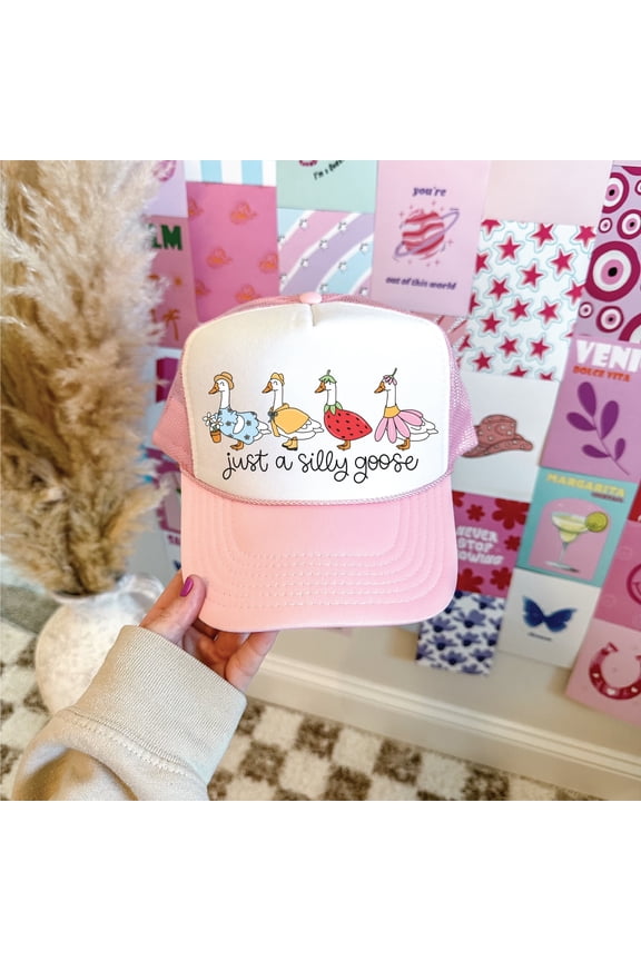 Just A Silly Goose Light Pink and White Unisex Foam Trucker Hat