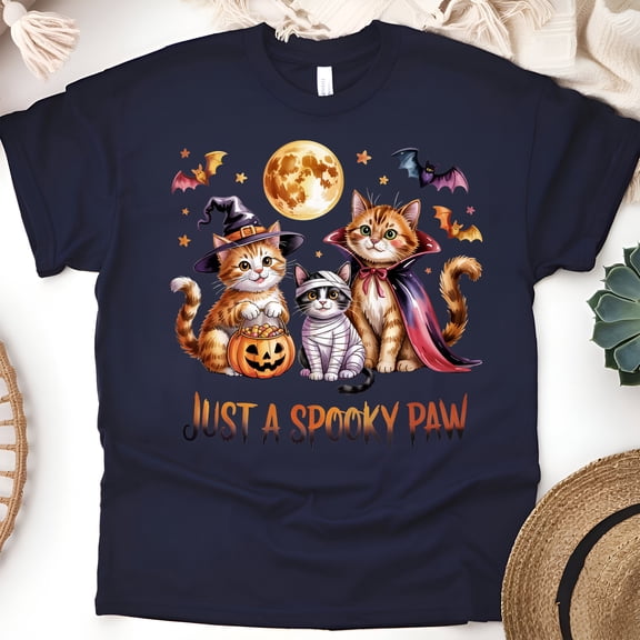 Just A Spooky Paw Shirt | Cute Halloween Cat T-Shirt with Witch and Pumpkin Design, Navy, Size S