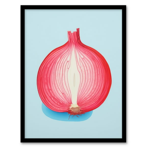 Just Add Red Onion Kitchen Painting Cut Vegetable Pastel Colour Pink on Blue Art Print Framed Poster Wall Decor 12x16 inch