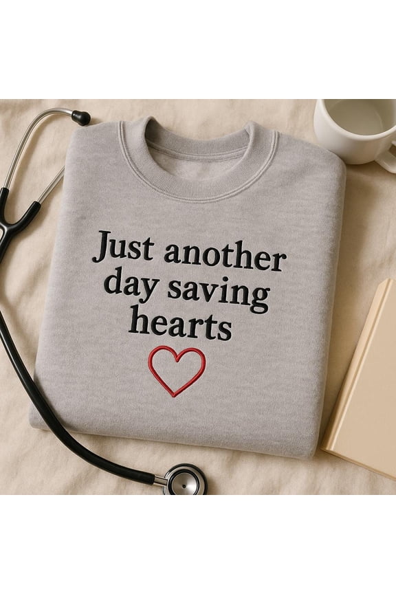 Just Another Day Saving Hearts Embroidered Sweatshirt, Cardiologist Gift, RN Crewneck, Heart Doctor Sweater, Nurse Appreciation Top