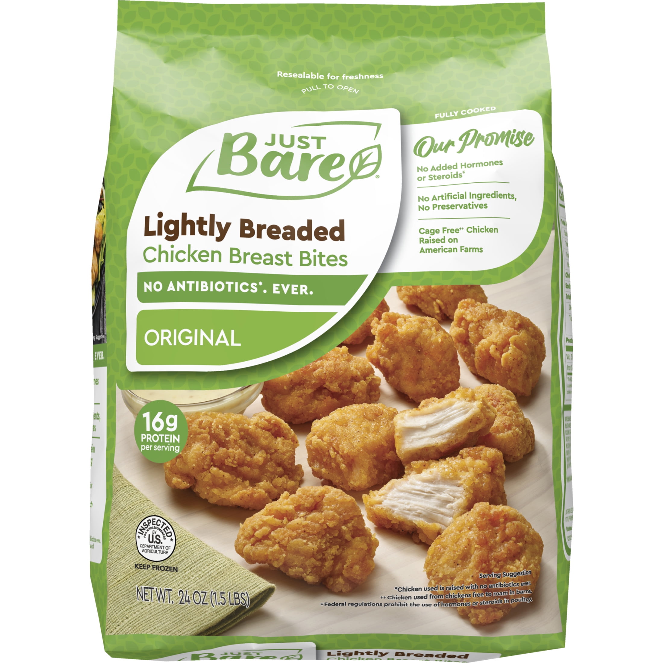 Just Bare Fully Cooked Lightly Breaded Chicken Breast Bites 1.5 Lb, 16G Of Protein, Serving Size 3 Ounces