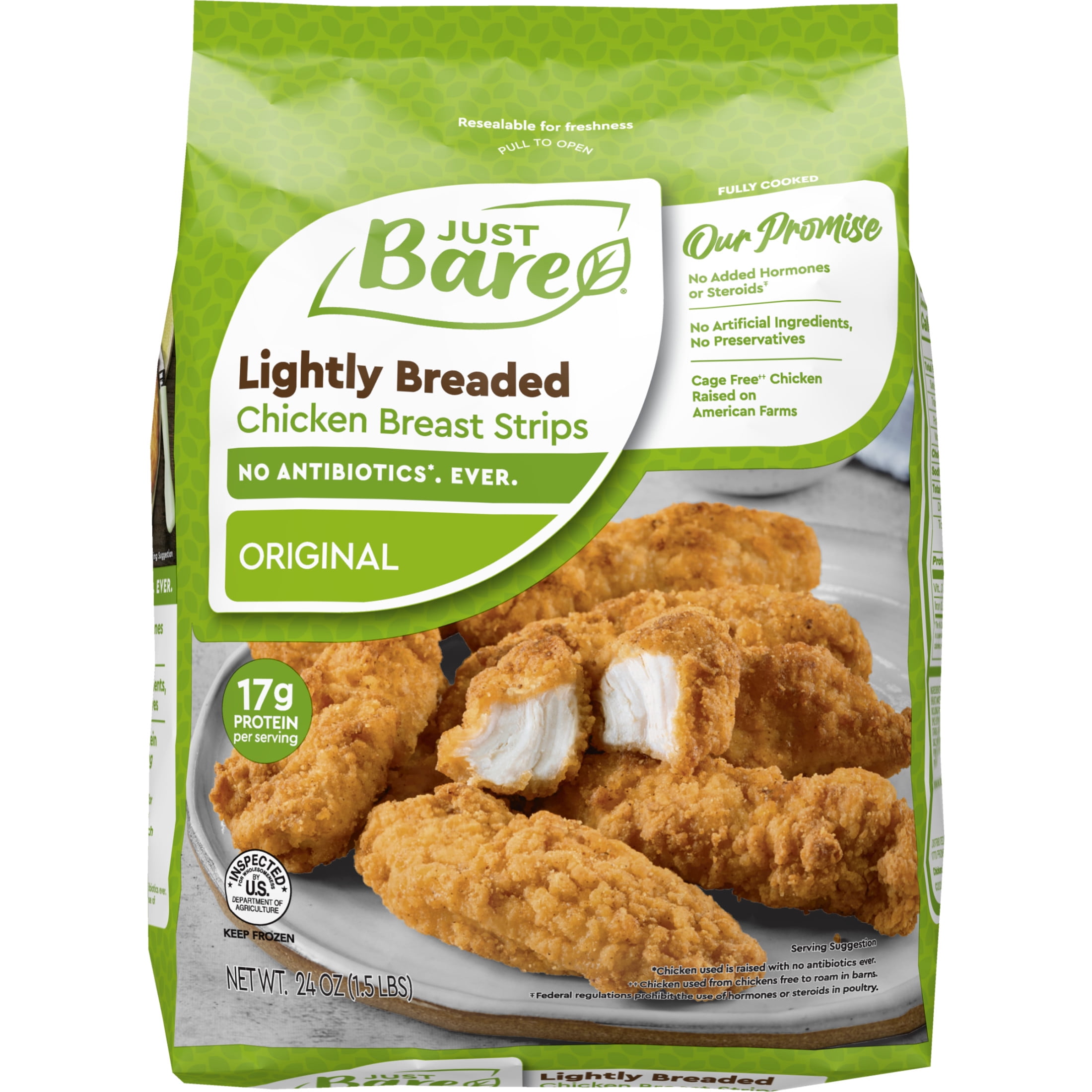 Just Bare Fully Cooked Lightly Breaded Chicken Breast Strips 1.5 Lb, 16G Of Protein, Serving Size 2 Pieces